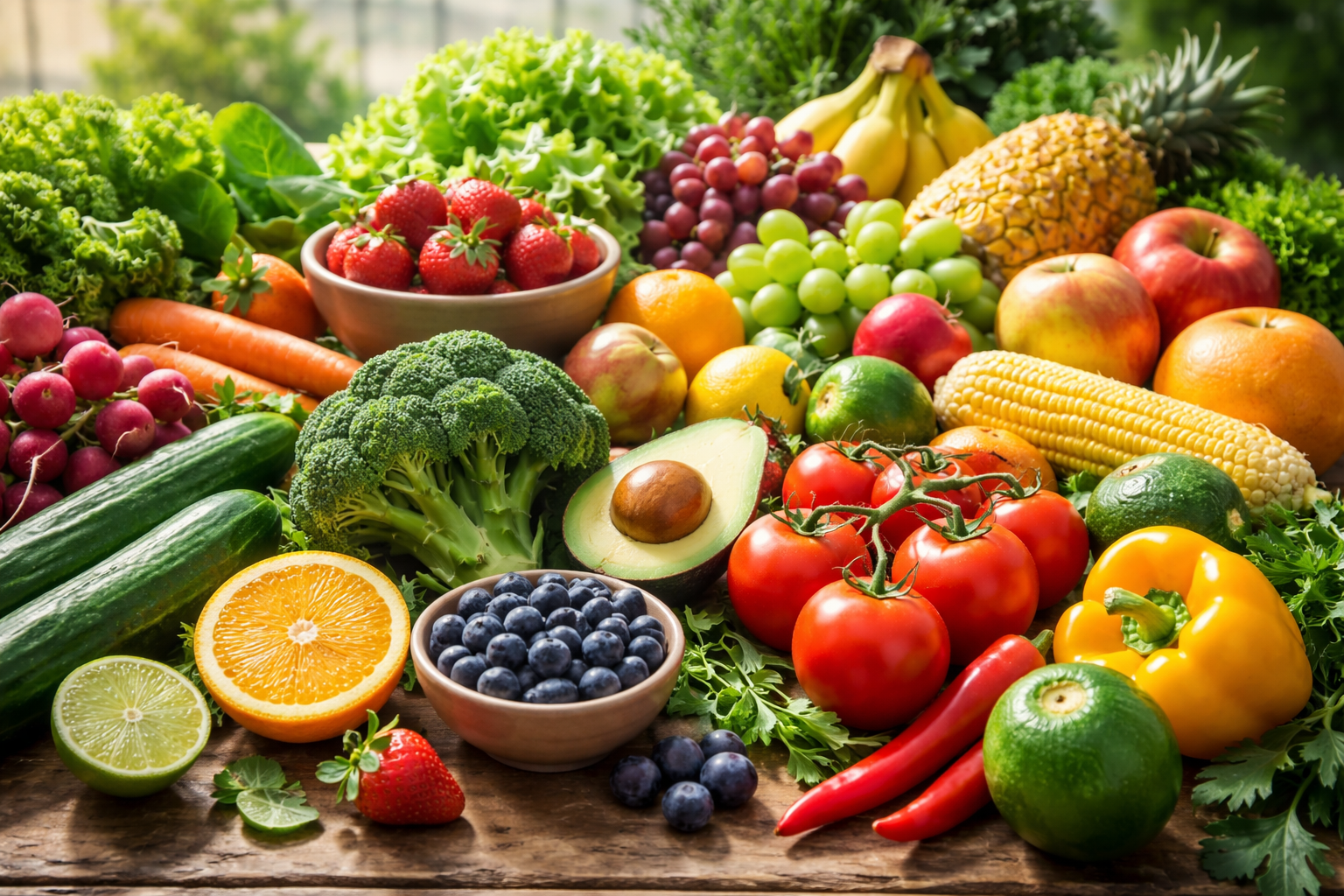 Fresh colorful vegetables and fruits on a wooden table, vibrant healthy food ingredients, natural light, wellness nutrition concept